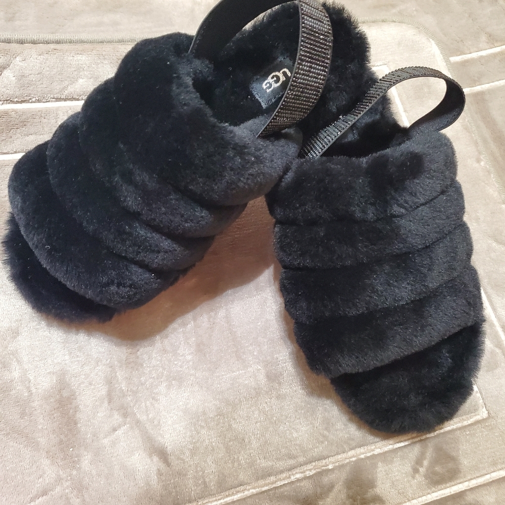 Women's Shoes UGG FLUFF YEAH SLIDE Sheepskin Slipper Sandals Bling Strap BLACK